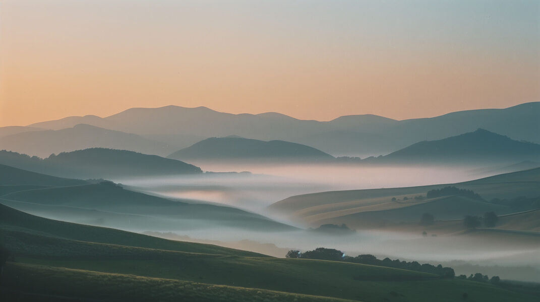 sunrise over a misted valley and far-off hill