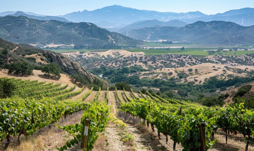 Vineyard on a hillside with a view of the valley